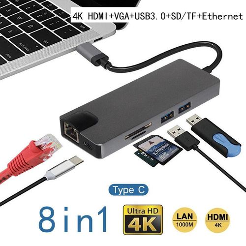 8in1 USB C hub RJ45 HDMI USBx2 VGA SD TF USB3.0x2