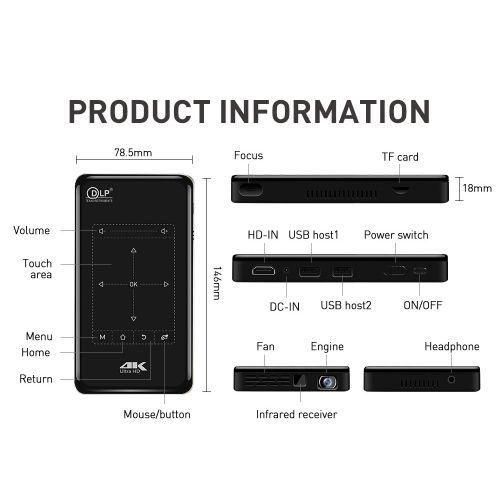 P09 portable 4K Ultra HD DLP mini smart projector with remote 1GB 8GB, support 2.4g5G WiFi, Bluetooth, TF card black
