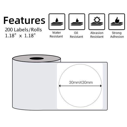 200pcs Roll 30x30mm Round SelfAdhesive Thermal Labels