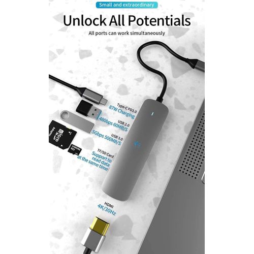 XLT USB C Hub 6-in-1 Type C to HDMI 4K Adapter with 2 USB 3.0 Ports SD/TF Card Reader, 100W USB-C Power Delivery Aluminium Compatible for MacBook Pro/Air XPS and More USB C Devices - Space Grey