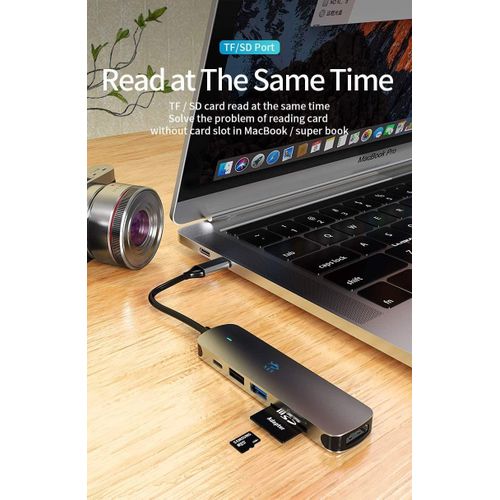 XLT USB C Hub 6-in-1 Type C to HDMI 4K Adapter with 2 USB 3.0 Ports SD/TF Card Reader, 100W USB-C Power Delivery Aluminium Compatible for MacBook Pro/Air XPS and More USB C Devices - Space Grey