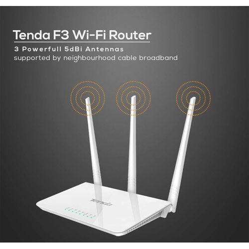 tenda  F3 300Mbps Wi-Fi Router, Easy Setup, WPS Button, Parental Control, Bandwidth Control, Wi-Fi Schedule, with 3 * 5dBi High Power External Antennas (for Streaming Music, Uploading Photos, Video Chatting, Hd Video Streaming- White, N300 F3