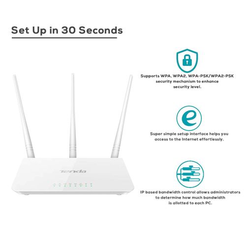tenda  F3 300Mbps Wi-Fi Router, Easy Setup, WPS Button, Parental Control, Bandwidth Control, Wi-Fi Schedule, with 3 * 5dBi High Power External Antennas (for Streaming Music, Uploading Photos, Video Chatting, Hd Video Streaming- White, N300 F3