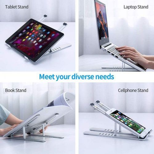 Metal Foldable Adjustable Height Laptop Stand with Phone Holder - Silver