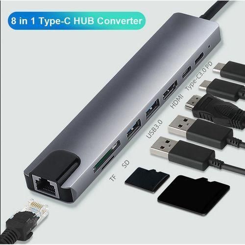 Hub 8 in 1 Type-C HUB Converter 4K HDMI-compatible 2 USB3.0 USB C PD SD/TF RJ45 Docking Station - Silver, Black
