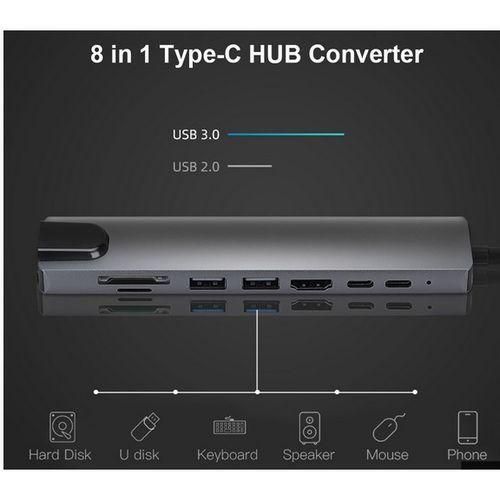Hub 8 in 1 Type-C HUB Converter 4K HDMI-compatible 2 USB3.0 USB C PD SD/TF RJ45 Docking Station - Silver, Black