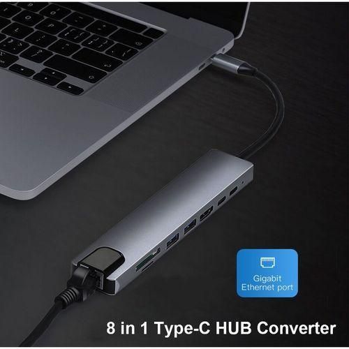 Hub 8 in 1 Type-C HUB Converter 4K HDMI-compatible 2 USB3.0 USB C PD SD/TF RJ45 Docking Station - Silver, Black