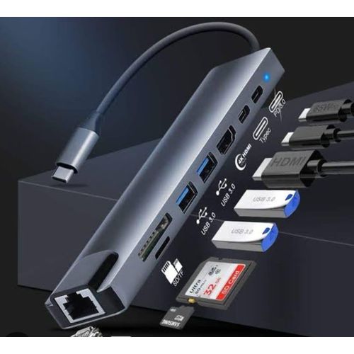 Hub 8 In 1 Type-C HUB 4K HDMI- 2 USB3.0 USB C PD SD/TF RJ45 Docking Station - Black