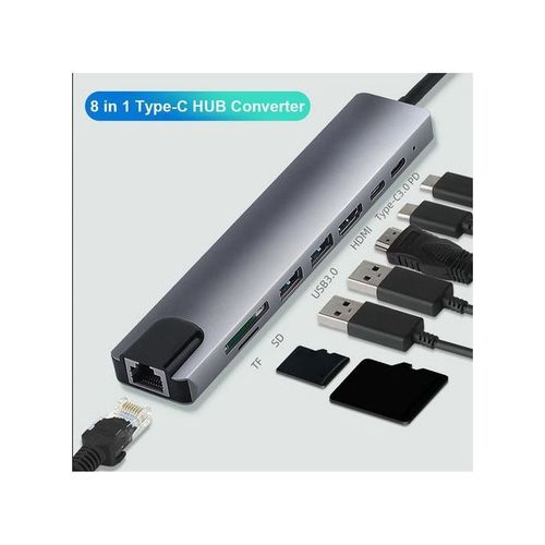 Hub 8 In 1 Type-C HUB 4K HDMI- 2 USB3.0 USB C PD SD/TF RJ45 Docking Station - Black