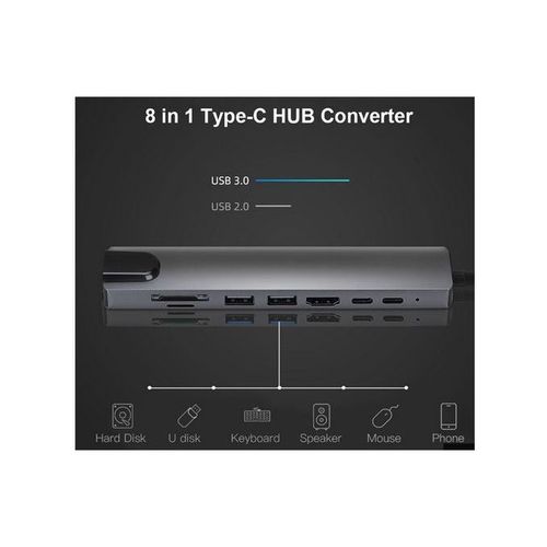 Hub 8 In 1 Type-C HUB 4K HDMI- 2 USB3.0 USB C PD SD/TF RJ45 Docking Station - Black