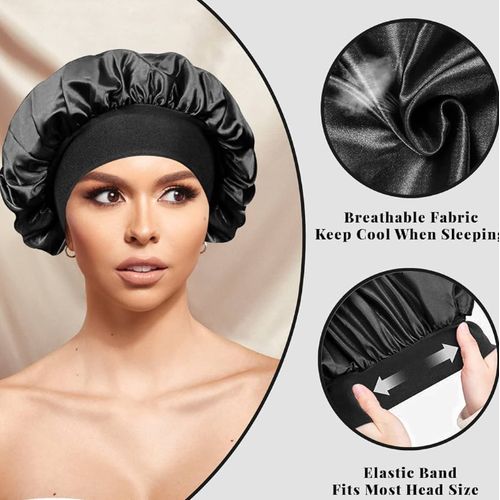 Silk Elastic Hair Bonnet For Ladies - Black