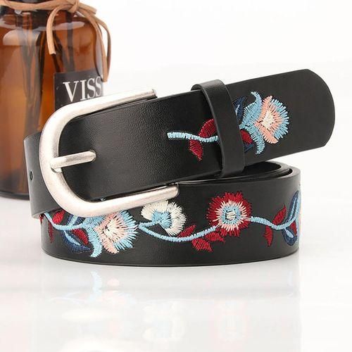 Women Belt Floral Embroidery Single Prong Buckle Waist Strap Adjustable Waistband for Jeans Shorts Dress Black NO5142