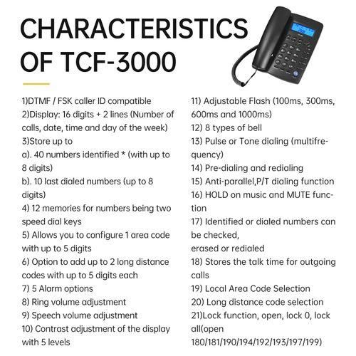 TCF3000 Black Corded Phone with Memory Key Landline Phone