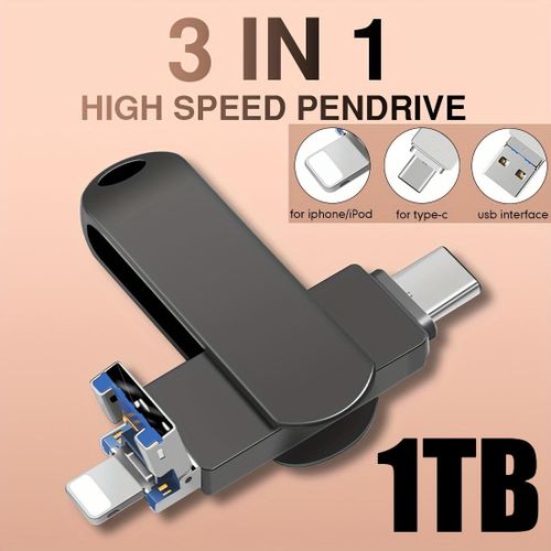 New Upgrade 3-in-1,1TB Large Capacity Three-Interface U Disk, 1TB Large Capacity, USB 3.0 High-Speed Transmission of Photos, Music, Videos and Files. Suitable for iPhone and Computer, Simple Style, Compact and Portable, Durable Metal Case