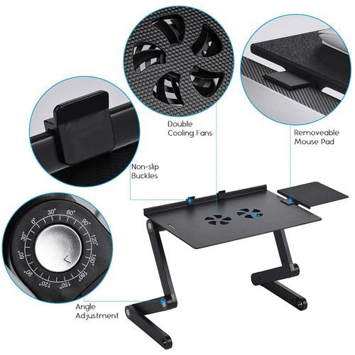 Universal Foldable Laptop Table Stand Adjustable with Mouse Pad,Cooling Fan - Black
