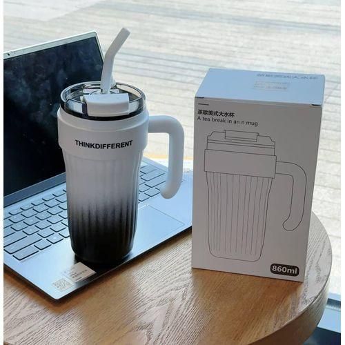 Genetic 860ml Car Cup 304 Layer Stainless Steel Handle Straw Insulation Cup Student Cute Casual Portable Water Bottle Coffee Mug
