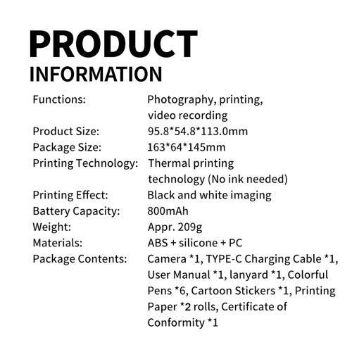 Kids Camera 48MP Front And Rear Kids Print Camera Thermal