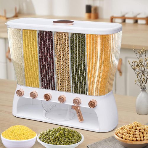 Dry Cereal Food Dispenser, Rice Container, Bulk Food Storage, Grain Canisters - 6 Grid, Moisture Proof Dry Food Storage Container Organizer  Elegant Design with Movable Detachable Partition for Home Kitchen - White