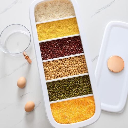 Dry Cereal Food Dispenser, Rice Container, Bulk Food Storage, Grain Canisters - 6 Grid, Moisture Proof Dry Food Storage Container Organizer  Elegant Design with Movable Detachable Partition for Home Kitchen - White