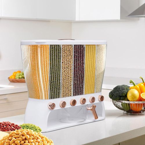 Dry Cereal Food Dispenser, Rice Container, Bulk Food Storage, Grain Canisters - 6 Grid, Moisture Proof Dry Food Storage Container Organizer  Elegant Design with Movable Detachable Partition for Home Kitchen - White