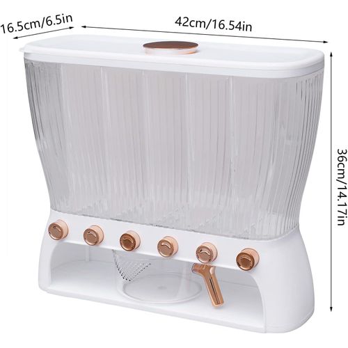 Dry Cereal Food Dispenser, Rice Container, Bulk Food Storage, Grain Canisters - 6 Grid, Moisture Proof Dry Food Storage Container Organizer  Elegant Design with Movable Detachable Partition for Home Kitchen - White