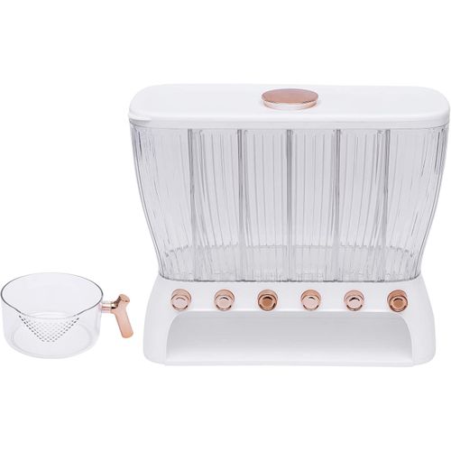 Dry Cereal Food Dispenser, Rice Container, Bulk Food Storage, Grain Canisters - 6 Grid, Moisture Proof Dry Food Storage Container Organizer  Elegant Design with Movable Detachable Partition for Home Kitchen - White