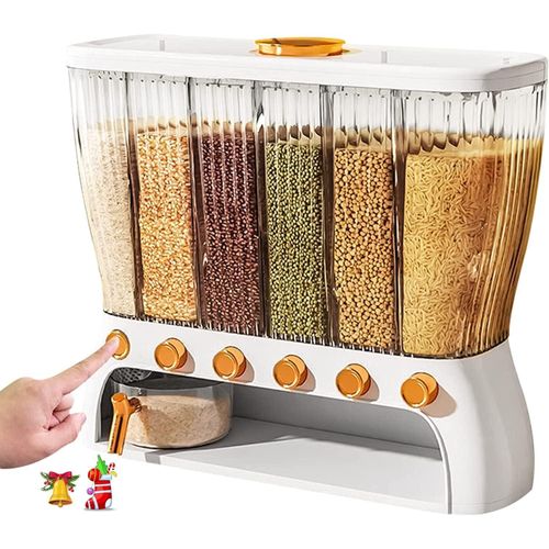 Dry Cereal Food Dispenser, Rice Container, Bulk Food Storage, Grain Canisters - 6 Grid, Moisture Proof Dry Food Storage Container Organizer  Elegant Design with Movable Detachable Partition for Home Kitchen - White