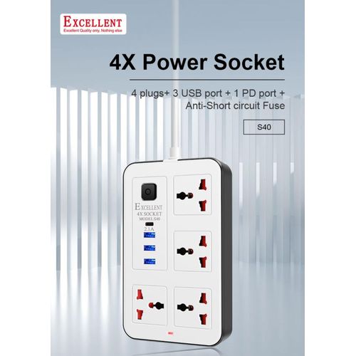 Excellent 4 Way Power Extension Cable With 3 USB Ports - White