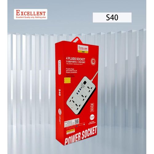 Excellent 4 Way Power Extension Cable With 3 USB Ports - White
