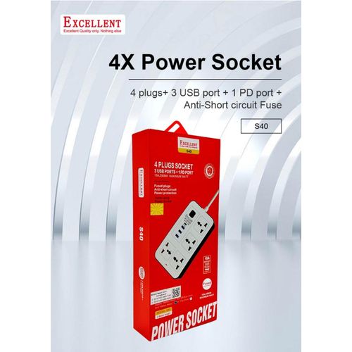 Excellent 4 Way Power Extension Cable With 3 USB Ports - White