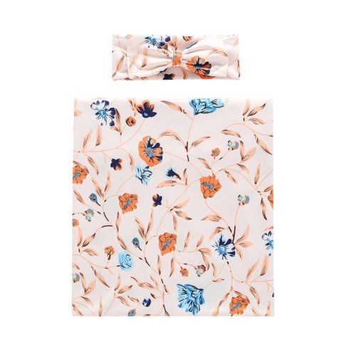Baby Swaddle with Headband Floral Print Cotton Shower Thin Blanket for Summer New,Beige NO5236