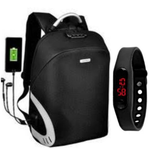 Waterproof Anti-Theft Laptop Bag With USB Charging Port And Free Watch - Black