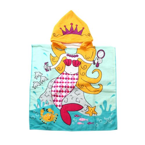 Children Cartoon Baby Hooded Beach Towel Microfiber Printing Necessary Swimming Absorben New,Blue Mermaid NO5112
