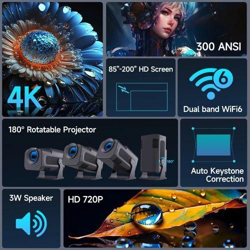 HY320 Mini 720P Android 11 4K Projector 300ANSI Wifi6 BT5.0 Cinema Outdoor Portable 180° Rotable Projectors