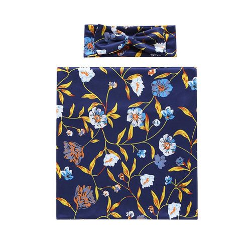 Baby Swaddle with Headband Floral Print Cotton Shower Thin Blanket for Summer New,Blue NO5114