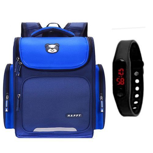 Kids School Bag With Free Watch- Blue/Red