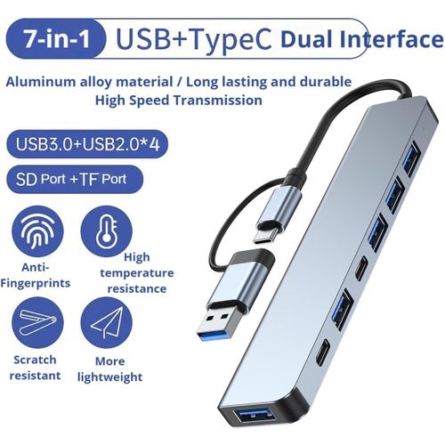 7 In 1 USB 3.0 Hub, Type-C2.0 Splitter, Adapter, Dual Head Docking Station