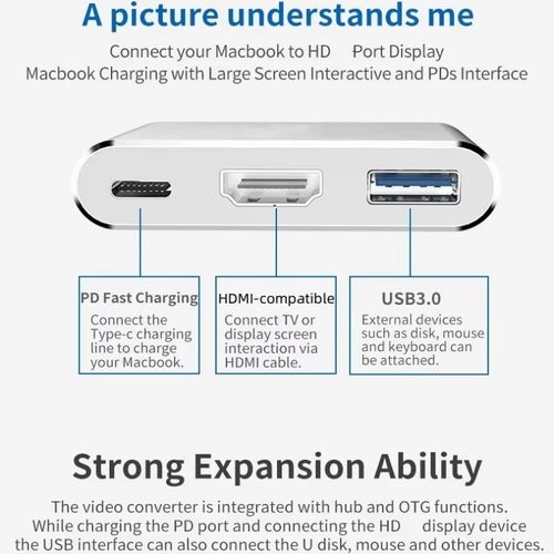 USB C To HDMI Multiport Adapter, 3 In 1 Type C Hub With Thunderbolt Output - Gray