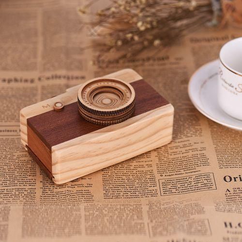 Wooden Music Box Retro Camera Design Classical Melody