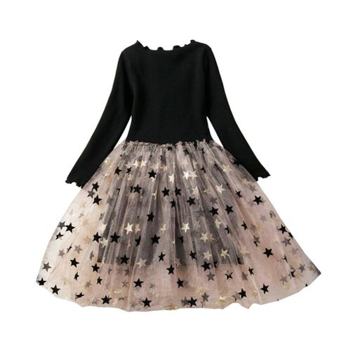 Kids Girls  Long Sleeves Star Pattern Hem Bubble Dress for Spring,110cm NO5115