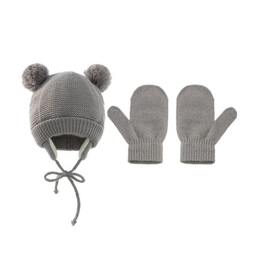 Winter Kids Hat Gloves Set with Plush Lined Ear Flap Warm Knitted Pom Beanie Cap Gift for Christmas New Year's Gray,Gray NO5114