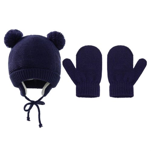 Winter Kids Hat Gloves Set with Plush Lined Ear Flap Warm Knitted Pom Beanie Cap Gift for Christmas New Year's Navy Blue,Navy Blue NO5111