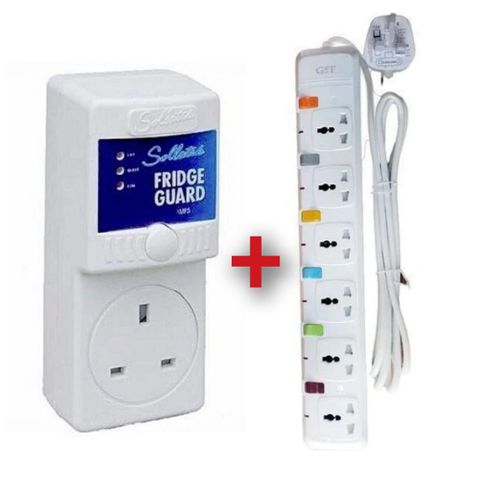 Sollatek Package Of fridge Guard 13Amps Plus 6 Way Extension Cable - White