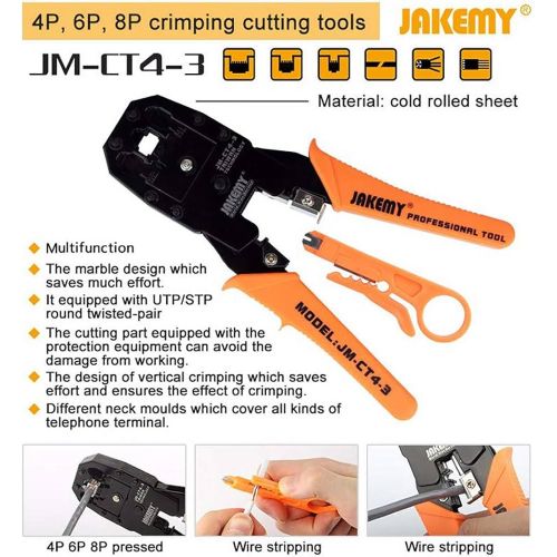 Jakemy JM-CT4-3 200mm Professional Network Phone 4P 6P 8P Ethernet Internet Cable Crimping Tool Black and Orange
