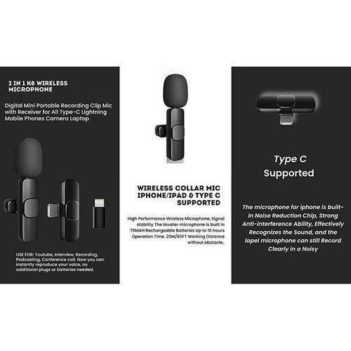 K8 Wireless Microphone for YouTube Facebook Live Stream Vlog Plug & Play Microphone - Black