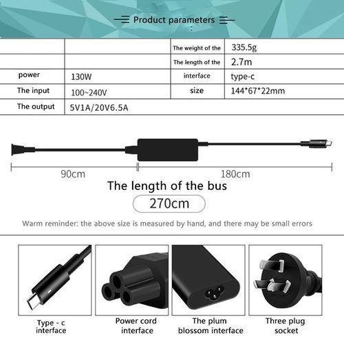 130W 20V6.5A Laptop Type-C 2.7M Power Adapter for INSPIRON XPS M1710/2310/