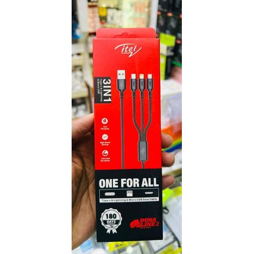 Itel 3in1 USB Type C,Lighting & Micro Fast USB Charging & Data Cable - Black
