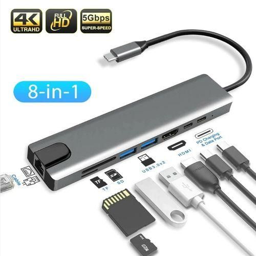 Type C To USB 8-In-1 Adapter, 4K HDMI Adapter - Grey