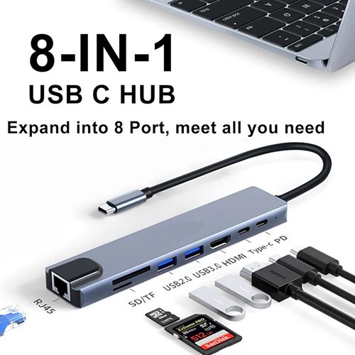 USB C Hub, 8 in 1 Type C Hub Multiport Adapter with 4K HDMI, PD Power Delivery, USB-C, Ethernet, 2 USB, SD/TF Card Reader Compatible with Mac Book Pro XPS and More Type C Devices