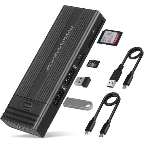 XLT M.2 NVMe SSD Enclosure Adapter Tool-Free, USB 3.2 Gen 2 10Gbps HDD Adapter MKey(B+M Key) SSD Reader, with 2 Port USB Type-A and SD/TF Cardread, Support UASP Trim for 2242/2260/2280